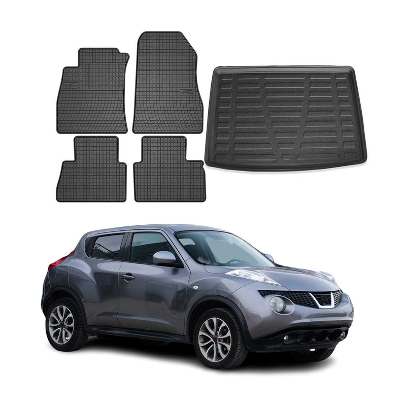 Set di tappetini e vaschetta per bagagliaio per Nissan Juke 2010-2019 in gomma TPE nera 5 pezzi