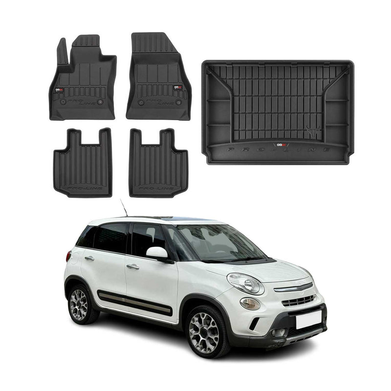 Set tappetini e vaschetta per bagagliaio OMAC per Fiat 500L 2012-2024 in gomma nera 5 pezzi