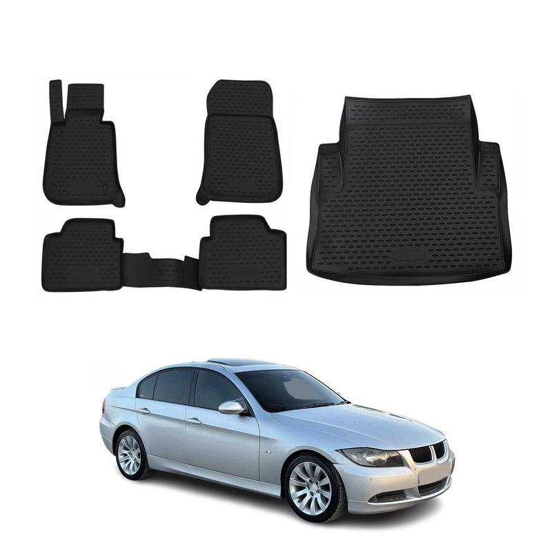 Set di tappetini e vaschetta per bagagliaio per BMW Serie 3 E90 2005-2013 in gomma TPE Nero 5 pezzi