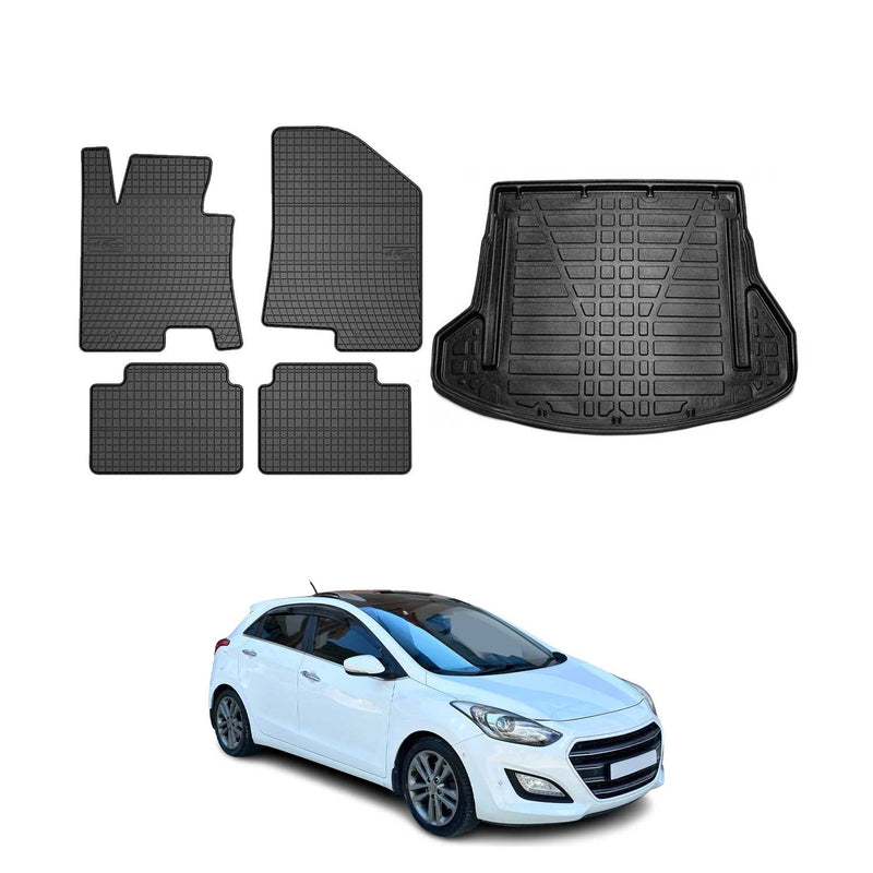 Set di tappetini e vaschetta per bagagliaio per Hyundai i30 station wagon 2012-2016 in gomma nera 5 pezzi