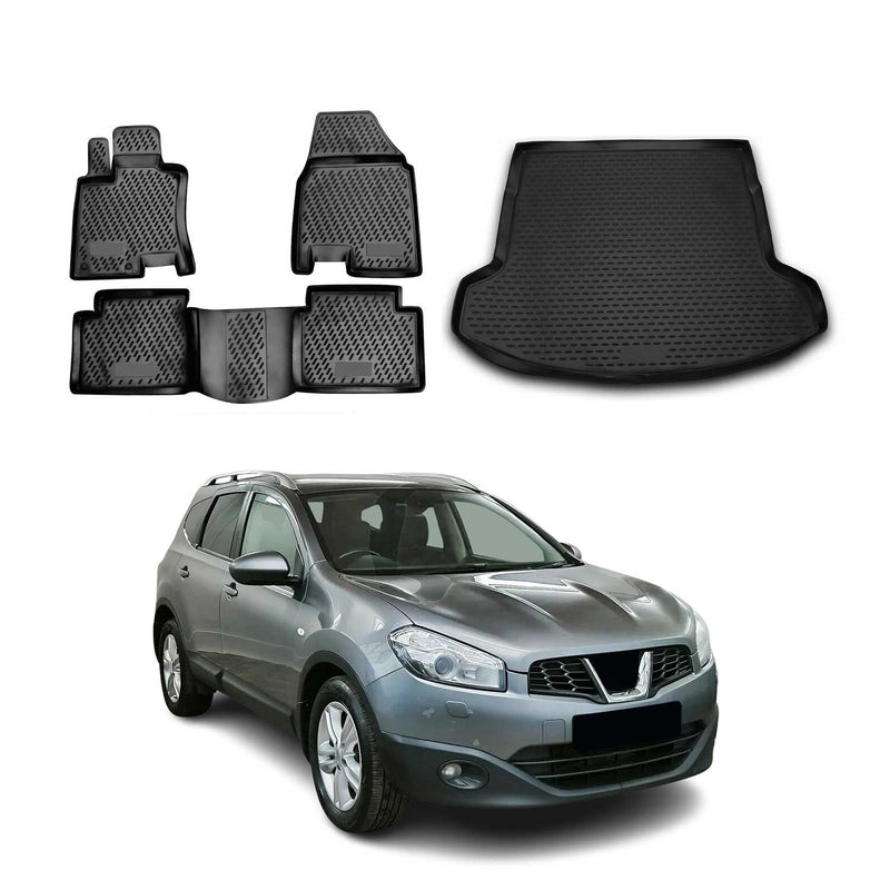 Set di tappetini e vaschetta per bagagliaio per Nissan Qashqai +2 2008-2014 TPE Nero