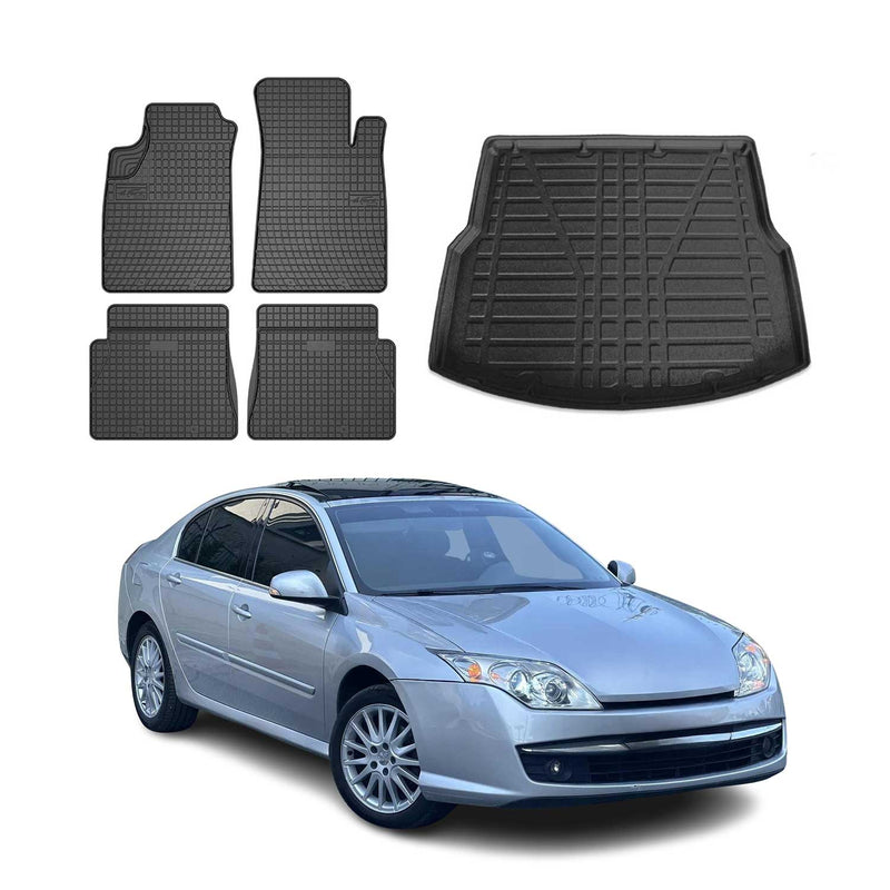 Set tappetini e vaschetta per bagagliaio per Renault Laguna 2008-2015 Gomma Nero 5x