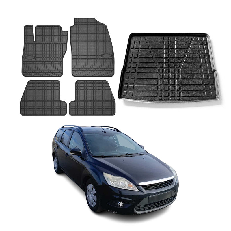 Set di tappetini e vaschetta per bagagliaio per Ford Focus mk2 2004-2011 Turnier in gomma 5 pezzi