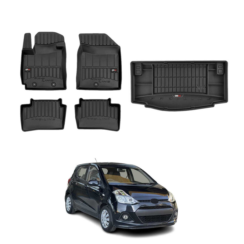 Set di tappetini e vaschetta per bagagliaio OMAC per Hyundai i10 2013-2019 in gomma nera, 5 pezzi