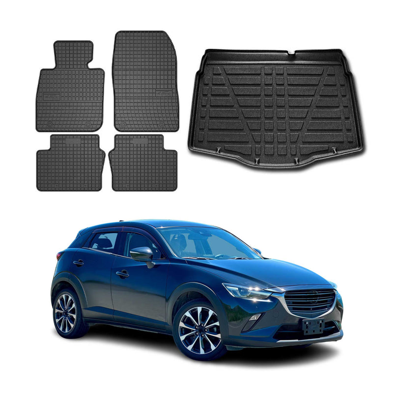 Set di tappetini e vaschetta per bagagliaio per Mazda CX-3 2015-2025 in gomma nera TPE 5 pezzi