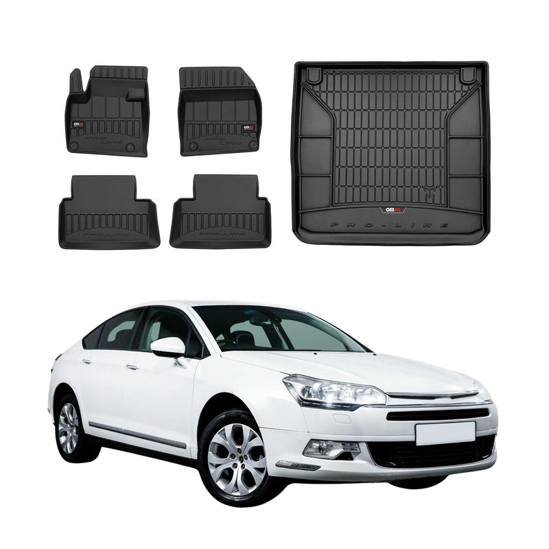 Set di tappetini e vaschetta per bagagliaio OMAC per Citroen C5 2008-2017 in gomma nera, 5 pezzi