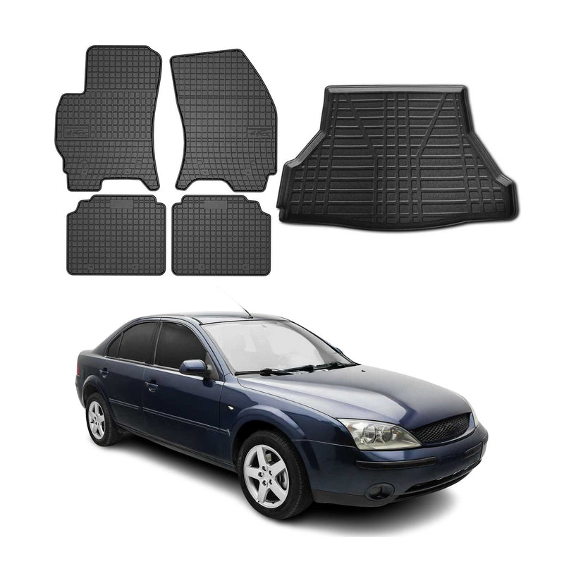 Set di tappetini e vaschetta per bagagliaio per Ford Mondeo mk3 2000-2007 in gomma nera 5 pezzi