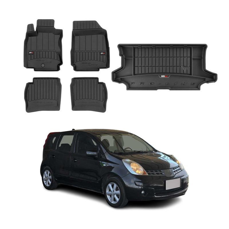 Set di tappetini e vaschetta per bagagliaio OMAC per Nissan Note 2005-2013 in gomma nera, 5 pezzi