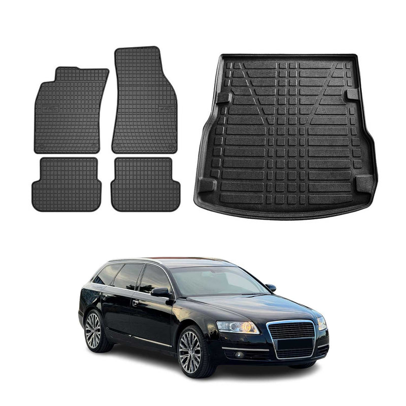 Set tappetini e vaschetta per bagagliaio per Audi A6 C6 Allroad Avant 2004-2008 in gomma 5 pezzi