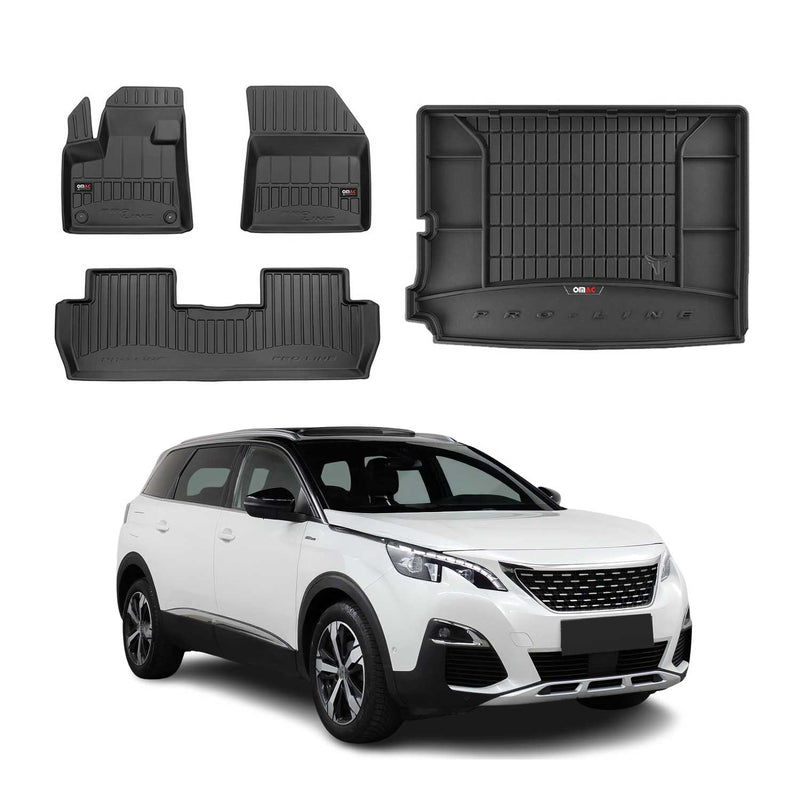 Set di tappetini e vaschetta per bagagliaio OMAC per Peugeot 5008 2017-2025 in gomma nera 4 pezzi