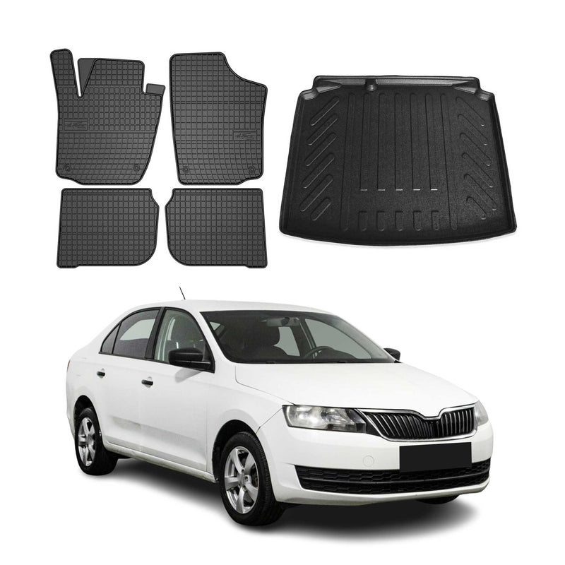 Set di tappetini e vaschetta per bagagliaio per Skoda Rapid Limo 2012-2019 in gomma nera 5 pezzi