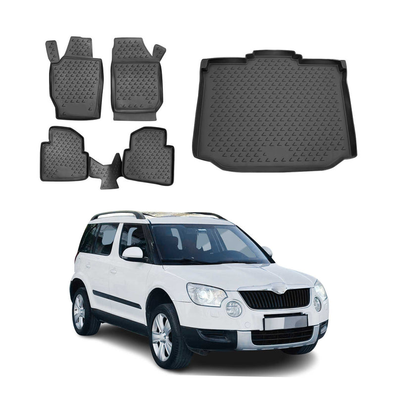 Set di tappetini e vaschetta per bagagliaio per Skoda Yeti 2009-2017 in gomma TPE nera 5 pezzi