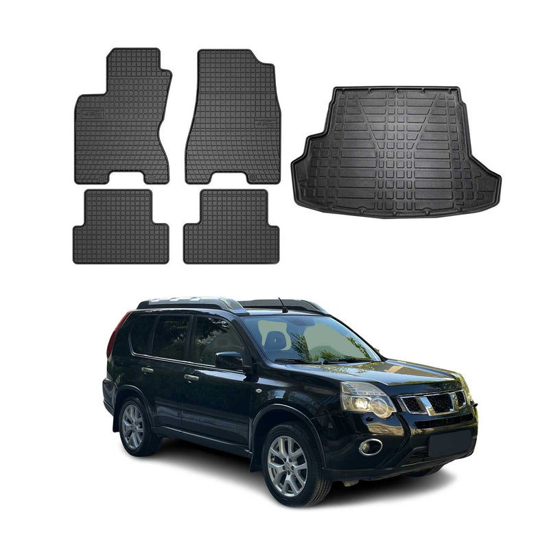 Set di tappetini e vaschetta per bagagliaio per Nissan X-Trail T31 2007-2014 in gomma TPE 5 pezzi