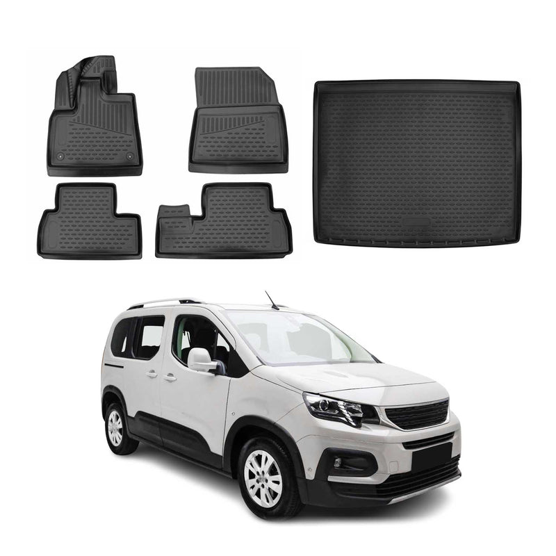 Set tappetini e vaschetta per bagagliaio per Peugeot Rifter 2018-2024 L1 Nero