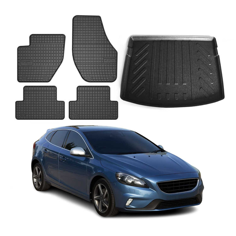 Set di tappetini e vaschetta per bagagliaio per Volvo V40 2012-2025 in gomma TPE nera 5 pezzi