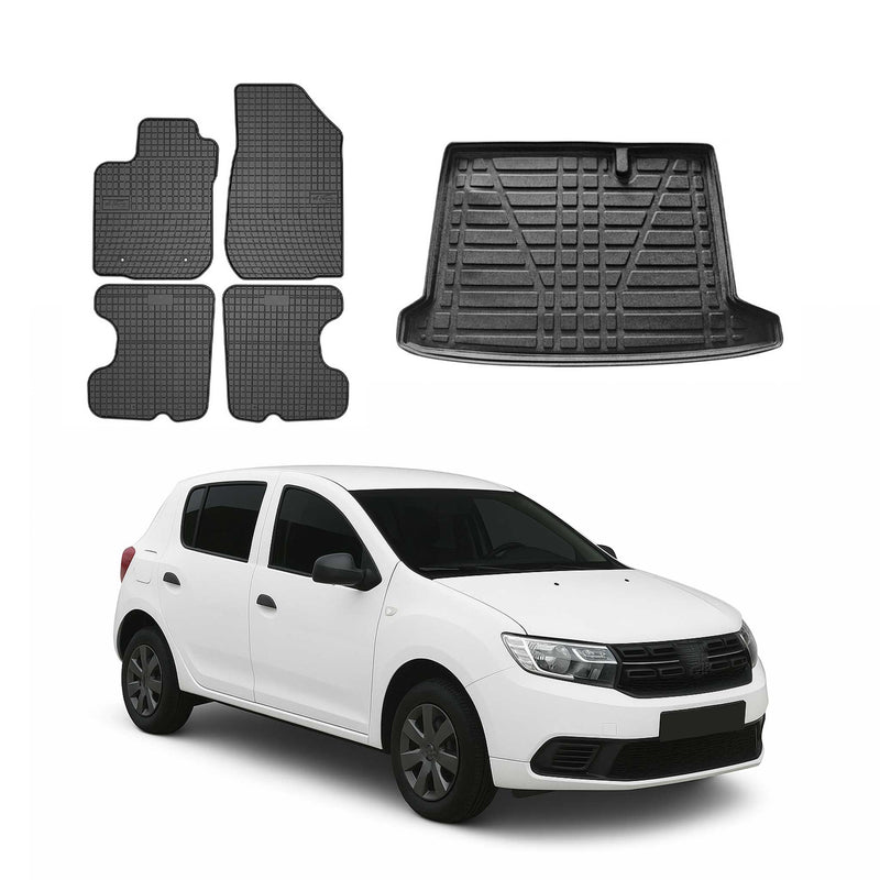 Set di tappetini e vaschetta per bagagliaio per Dacia Sandero 2012-2024 in gomma nera 5 pezzi