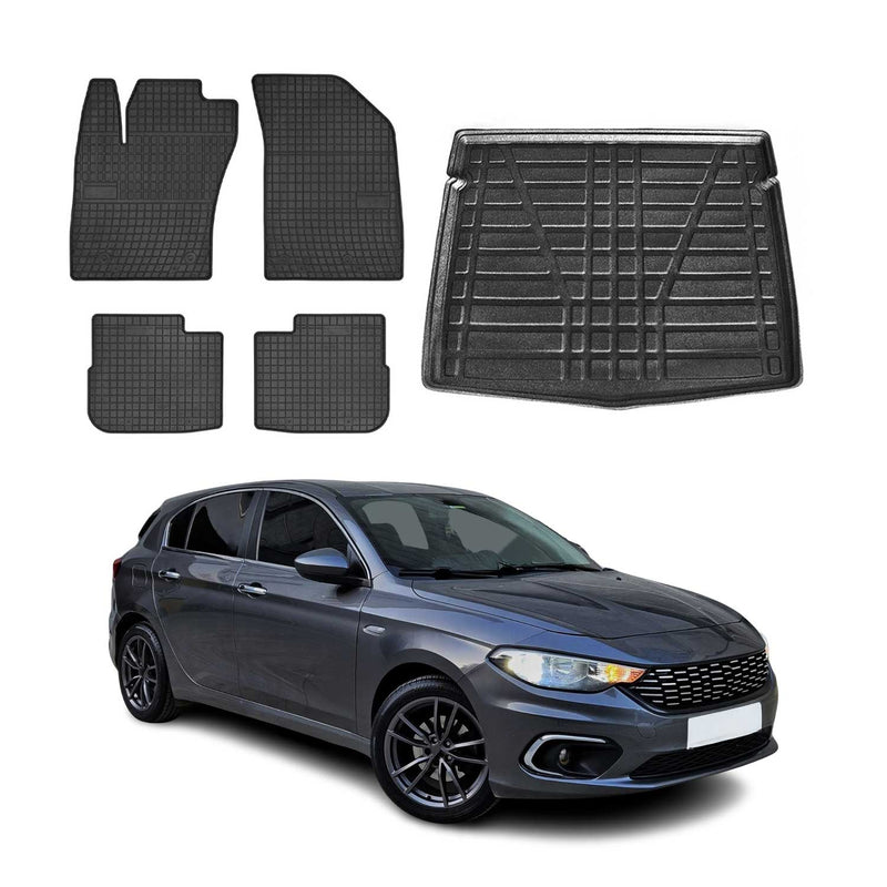 Set tappetini e vaschetta per bagagliaio per Fiat Tipo Hatchback 2015-2025 Gomma 5x