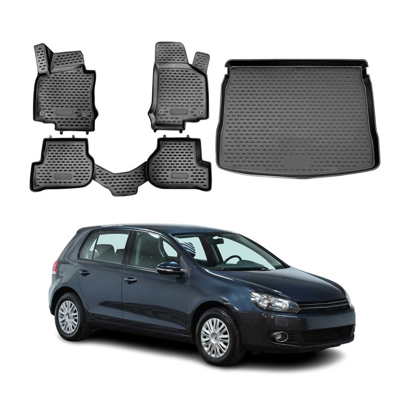 Set di tappetini e vaschetta per bagagliaio per VW Golf 2008-2013 Hatchback TPE Nero