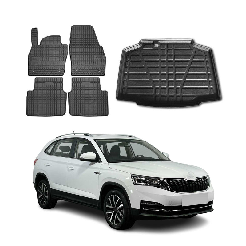 Set di tappetini e vaschetta per bagagliaio per Skoda Kamiq 2020-2025 in gomma TPE nera 5 pezzi