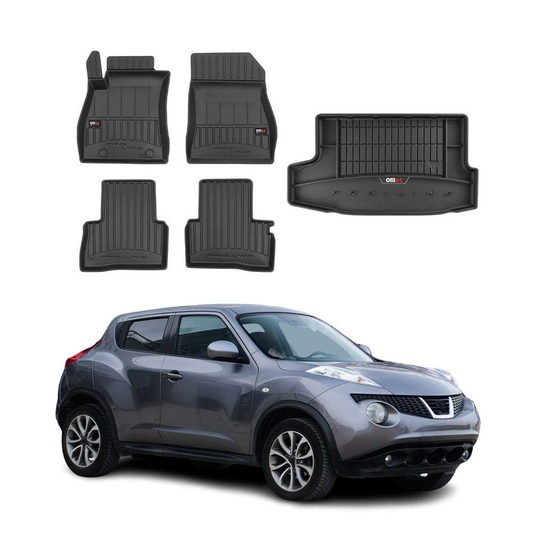 Set di tappetini e vaschetta per bagagliaio OMAC per Nissan Juke 2010-2019 in gomma nera, 5 pezzi