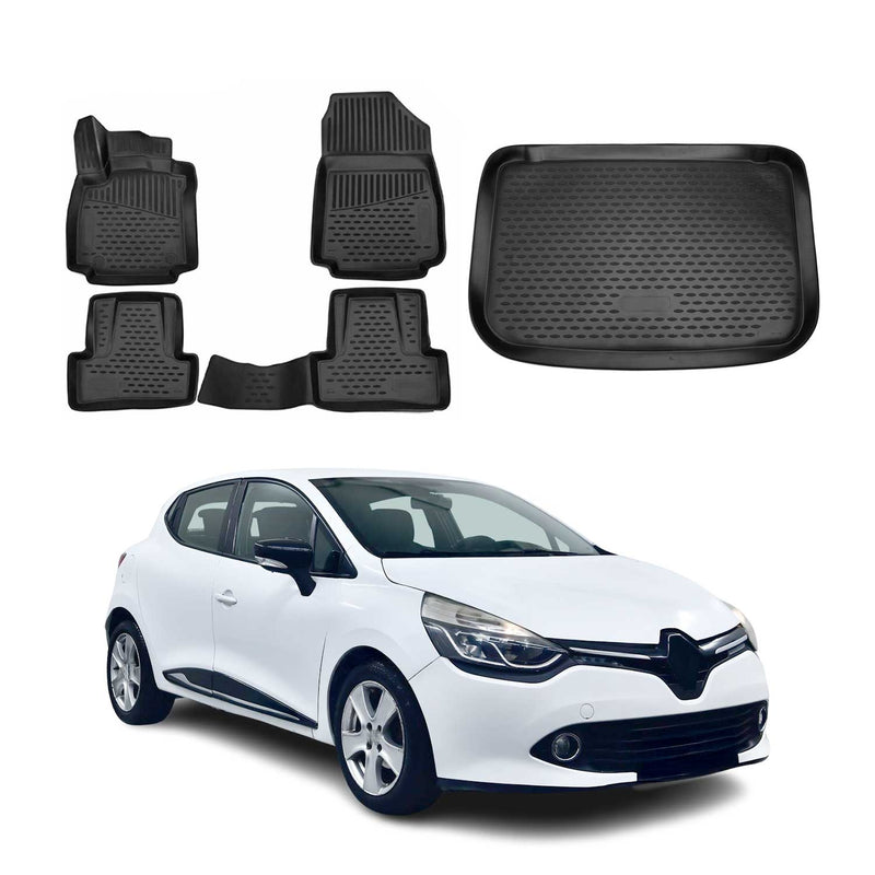 Set tappetini e vaschetta per bagagliaio per Renault Clio 2012-2019 in gomma TPE Nero 5 pezzi