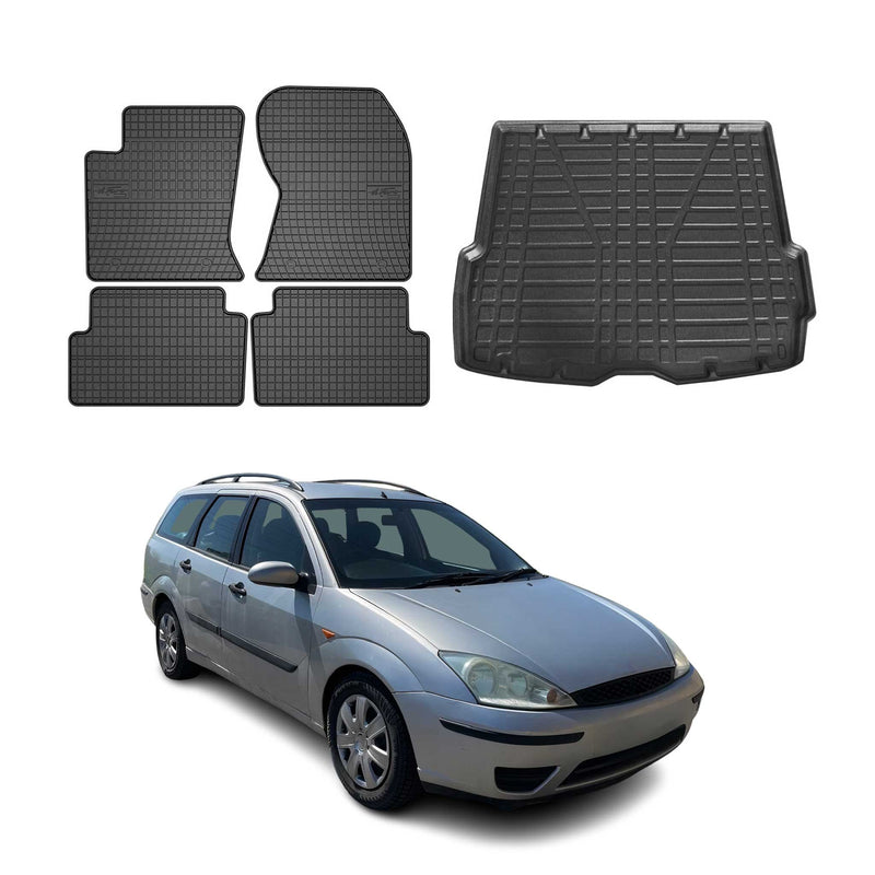 Set di tappetini e vaschetta per bagagliaio per Ford Focus mk1 1998-2004 Turnier gomma 5x