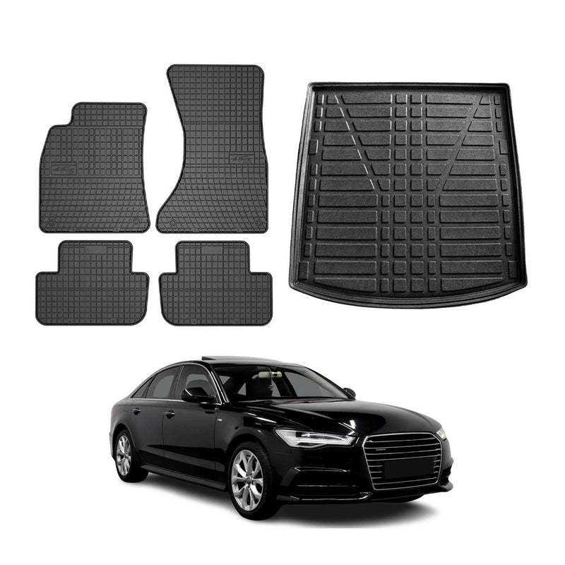 Set di tappetini e vaschetta per bagagliaio per Audi A6 Limo C7 2011-2018 in gomma nera 5 pezzi