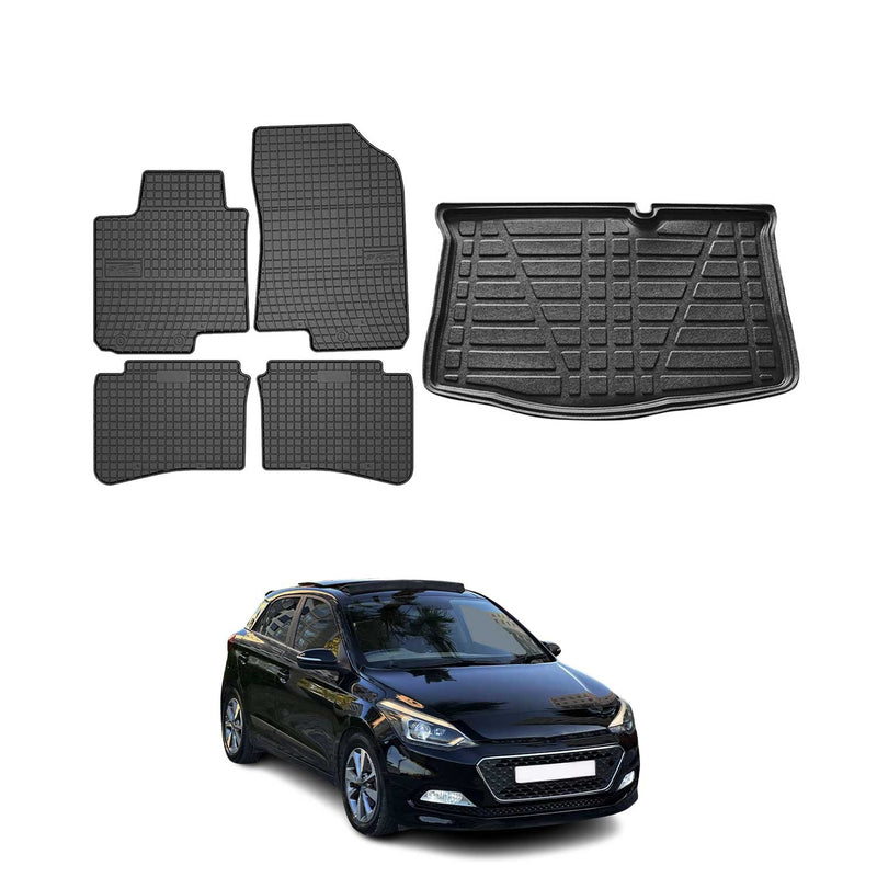 Set di tappetini e vaschetta per bagagliaio per Hyundai i20 2014-2025 in gomma TPE nera 5 pezzi