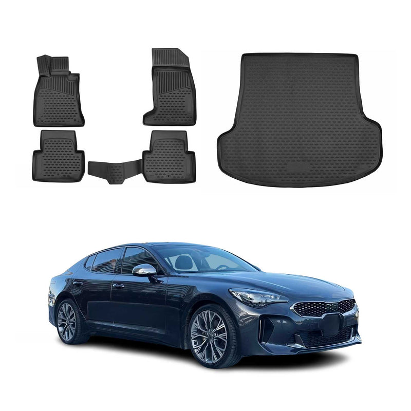 Set di tappetini e vaschetta per bagagliaio per Kia Stinger 2017-2025 in gomma TPE nera 5 pezzi