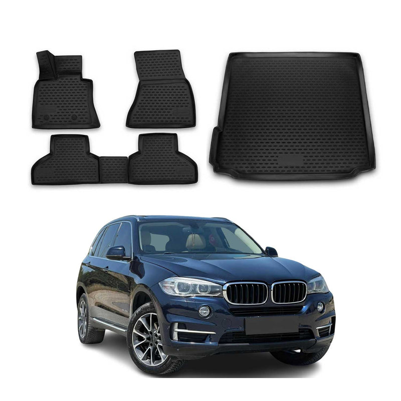 Set di tappetini e vaschetta per bagagliaio per BMW X5 F15 F85 2013-2018 in gomma nera 5 pezzi