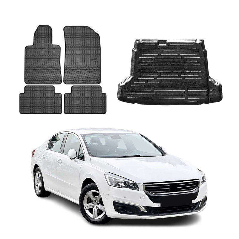 Set tappetini e vaschetta per bagagliaio per Peugeot 508 2010-2018 in gomma TPE Nero 5 pezzi