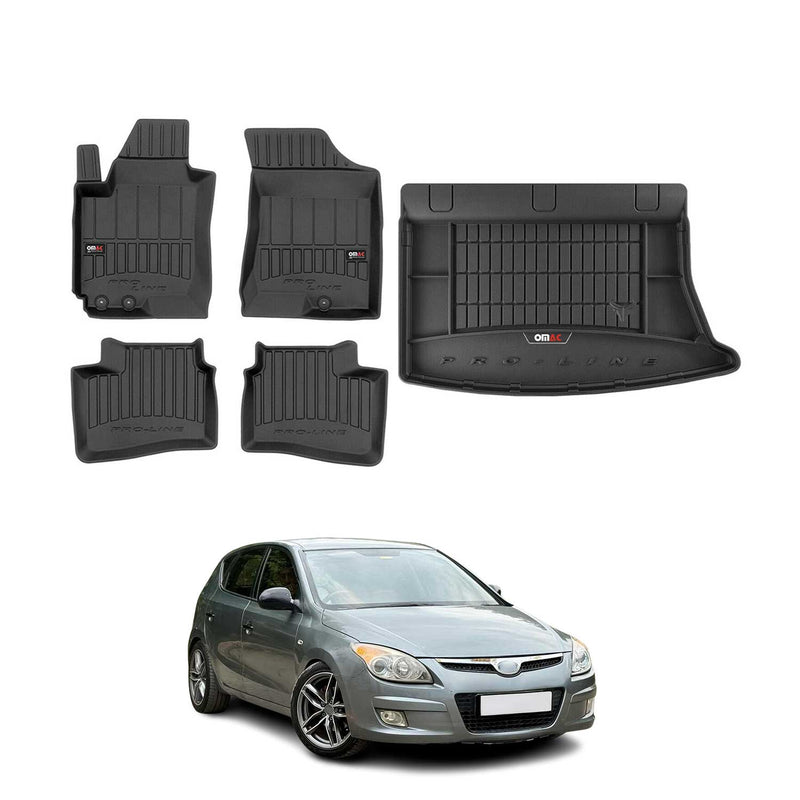 Set di tappetini e vaschetta per bagagliaio OMAC per Hyundai i30 2007-2012 in gomma nera, 5 pezzi