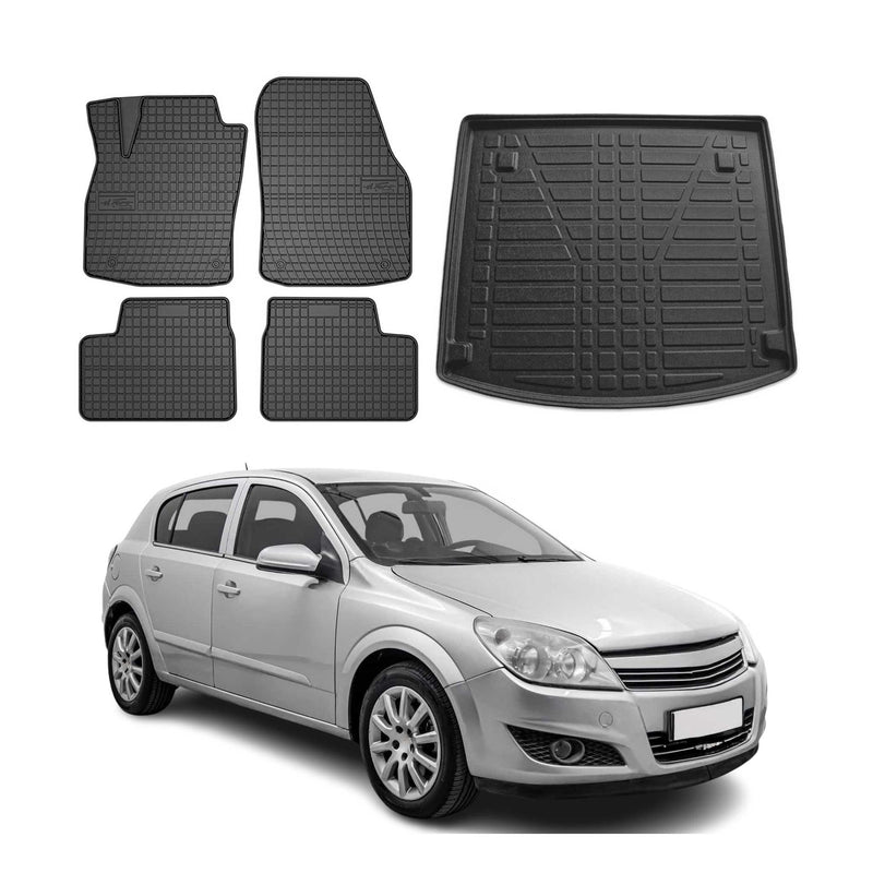 Set tappetini e vaschetta per bagagliaio per Opel Astra H Caravan 2005-2010 in gomma TPE 5 pezzi