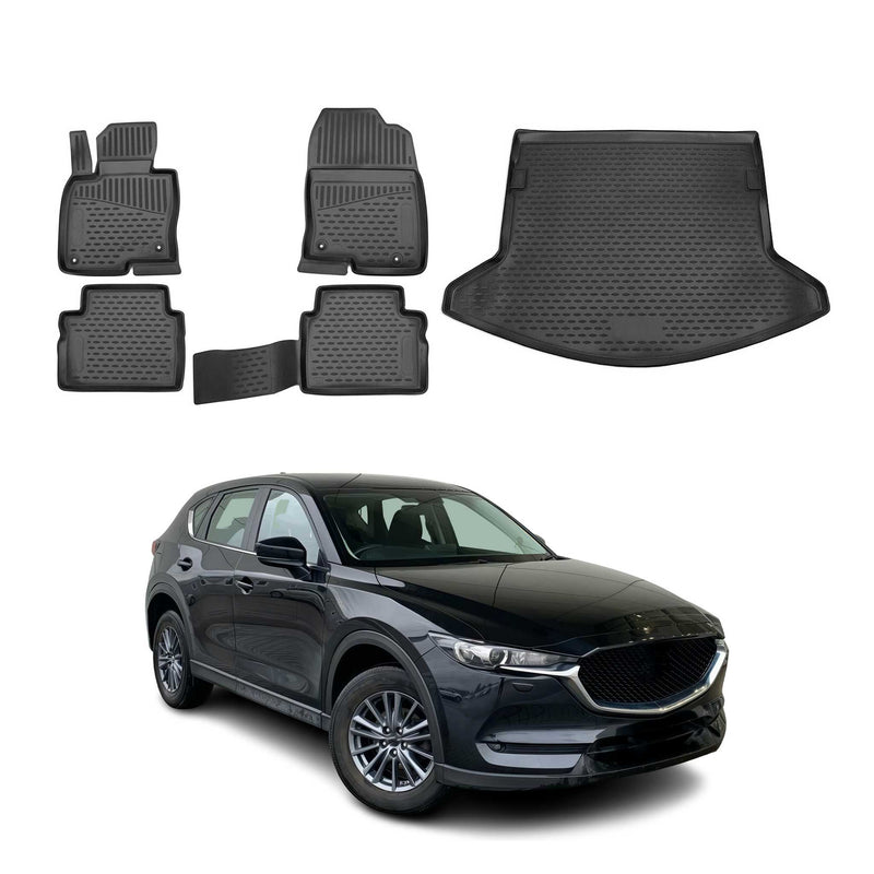 Set di tappetini e vaschetta per bagagliaio per Mazda CX-5 2017-2021 in gomma TPE nera 5 pezzi