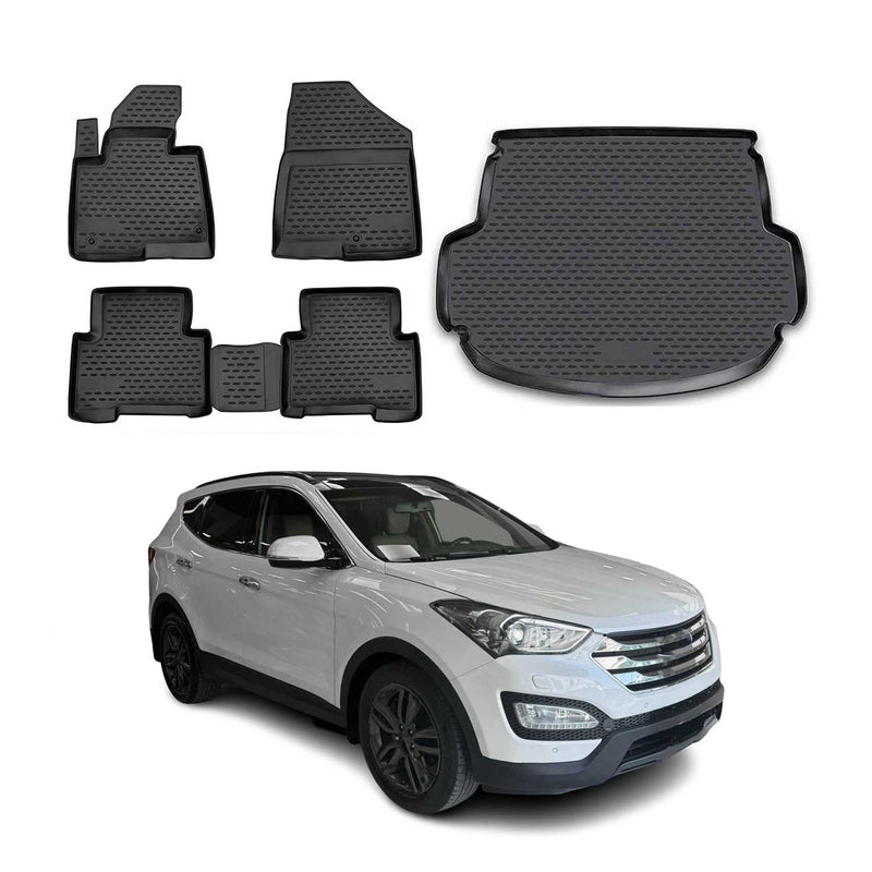 Set di tappetini e vaschetta per bagagliaio per Hyundai Santa Fe 2012-2020 TPE Nero