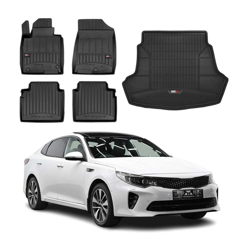 Set di tappetini e vaschetta per bagagliaio OMAC per Kia Optima 2015-2020 in gomma nera, 5 pezzi