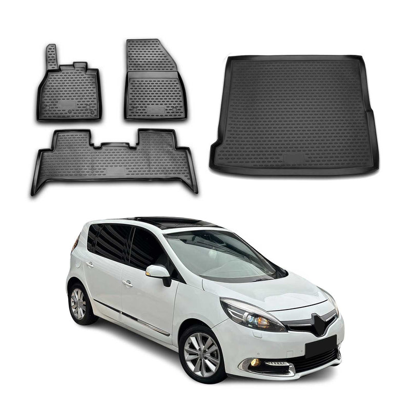 Set tappetini e vaschetta per bagagliaio per Renault Scenic 2010-2016 in gomma 3D TPE 4x