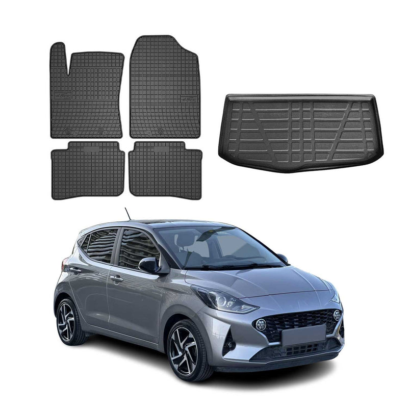 Set di tappetini e vaschetta per bagagliaio per Hyundai i10 2019-2025 in gomma TPE nera 5 pezzi