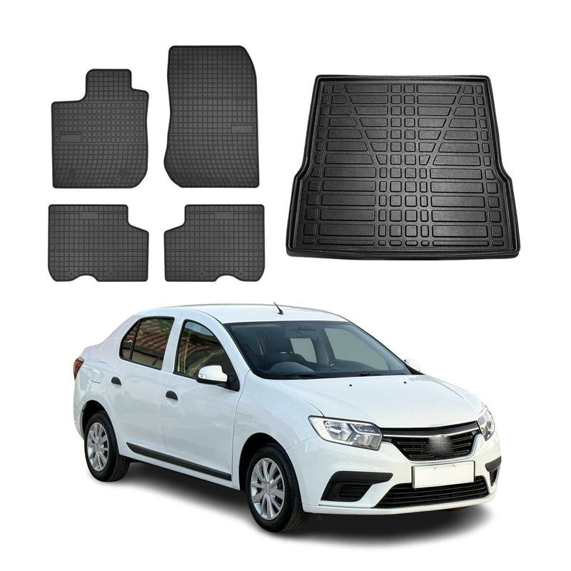 Set tappetini e vaschetta per bagagliaio per Dacia Logan 2012-2020 in gomma TPE Nero 5 pezzi