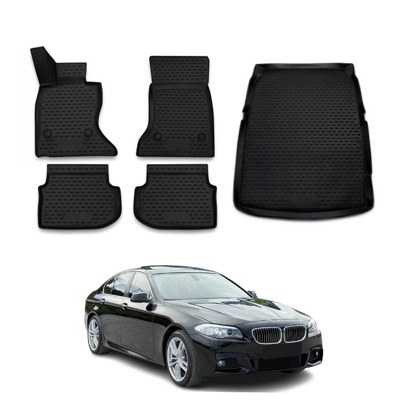 Set tappetini e vaschetta per bagagliaio per BMW Serie 5 F10 2010-2017 in gomma TPE Nero 5 pezzi