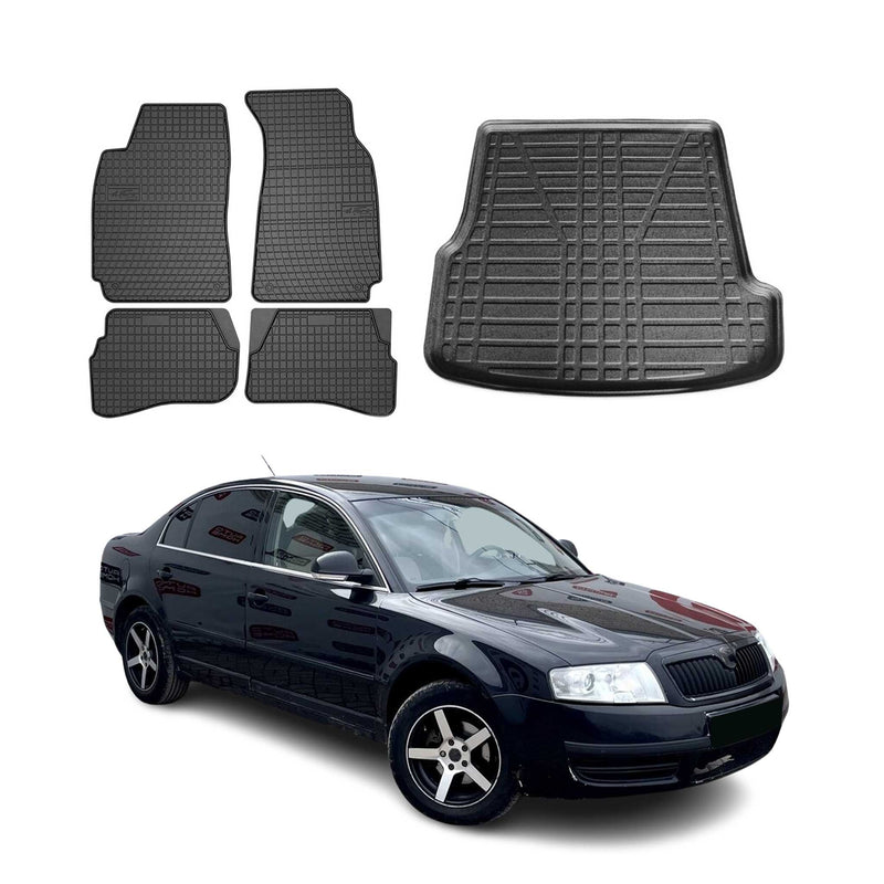 Set di tappetini e vaschetta per bagagliaio per Skoda Superb notchback 2001-2008 in gomma 5 pezzi