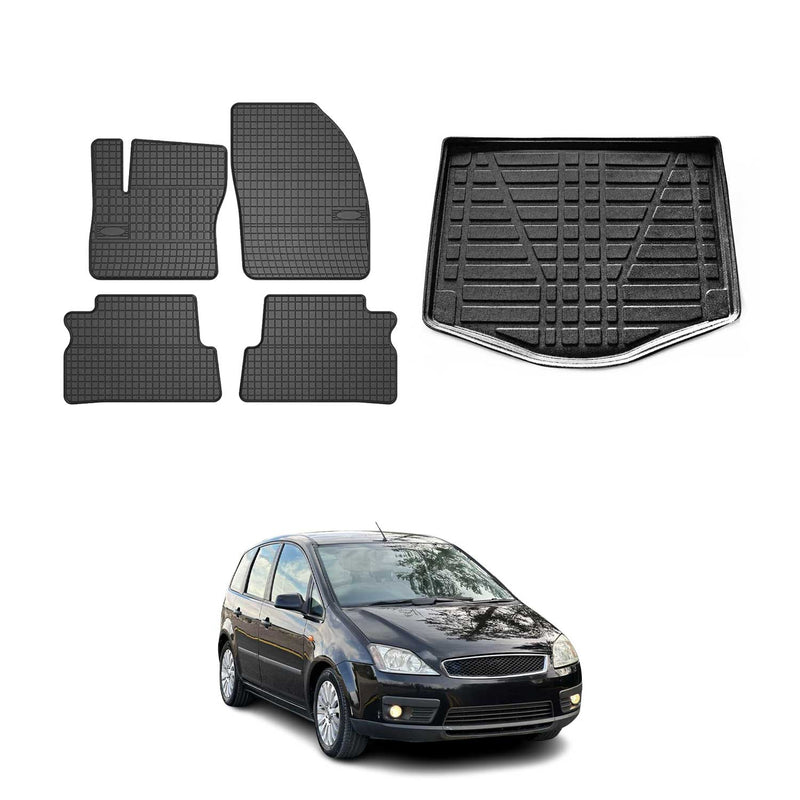 Set tappetini e vaschetta per bagagliaio per Ford C-Max 2007-2010 in gomma TPE nero 5 pezzi