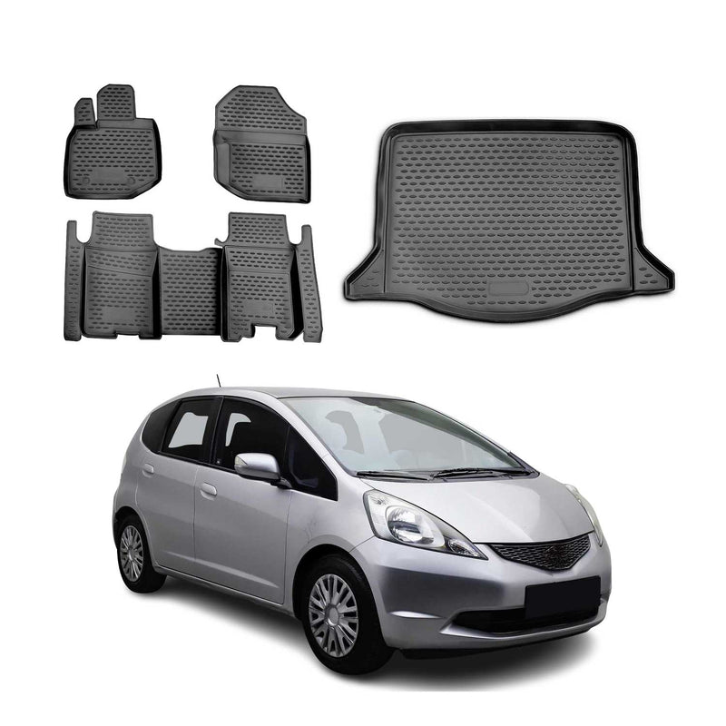 Set tappetini e vaschetta per bagagliaio per Honda Jazz 2007-2015 in gomma TPE nero 5 pezzi
