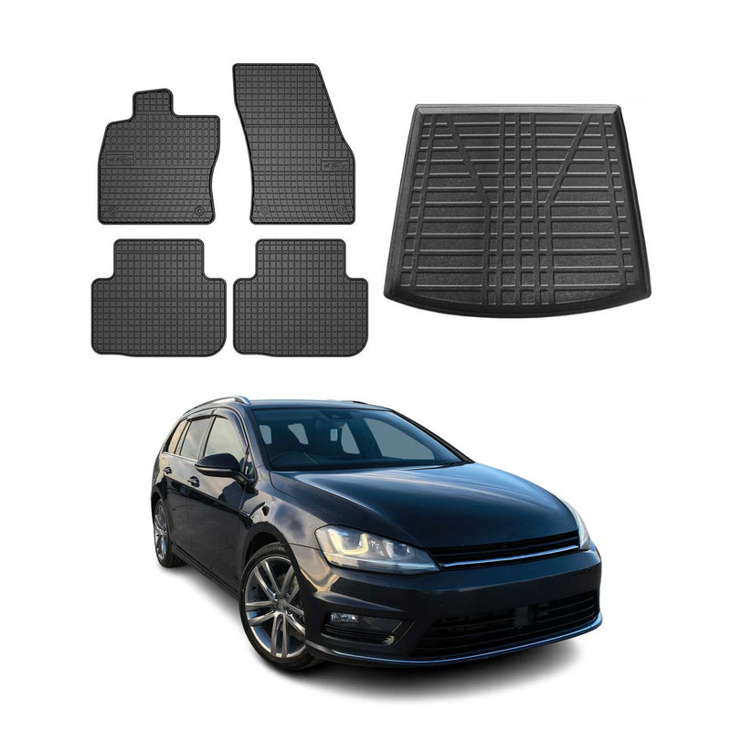 Set di tappetini e vaschetta per bagagliaio per Golf mk7 Variant 2013-2020 in gomma nera 5 pezzi
