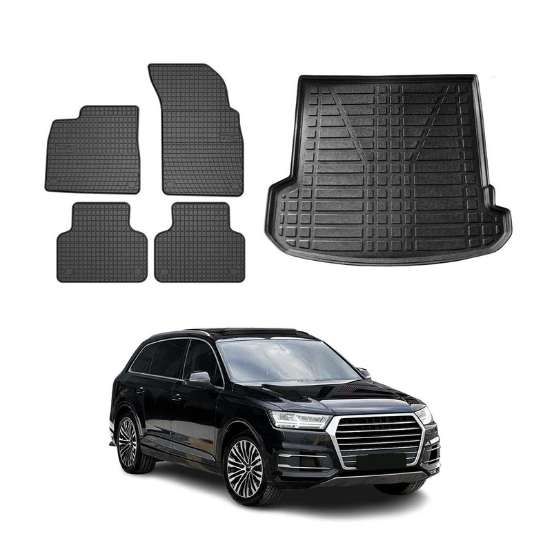 Set di tappetini e vaschetta per bagagliaio per Audi Q7 4M 2015-2025 in gomma TPE nera 5 pezzi