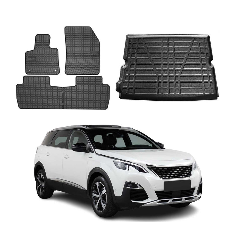 Set tappetini e vaschetta per bagagliaio per Peugeot 5008 2016-2025 in gomma TPE Nero 5 pezzi