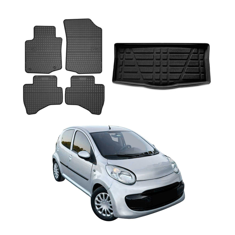 Set tappetini e vaschetta per bagagliaio per Citroen C1 2005-2014 3 porte in gomma nera 5 pezzi
