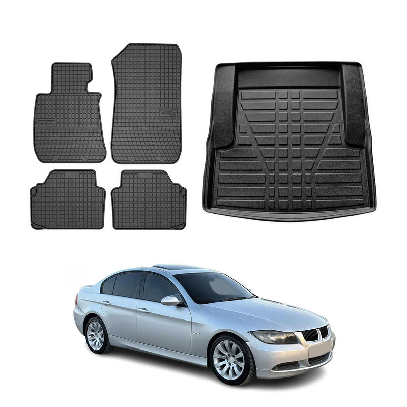 Set di tappetini e vaschetta per bagagliaio per BMW Serie 3 E90 Limousine 2004-2011 Gomma Nero 5 pezzi