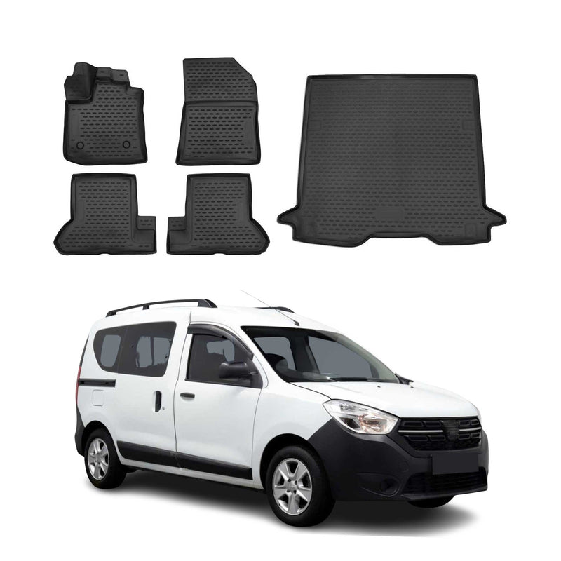 Set di tappetini e vaschetta per bagagliaio per Dacia Dokker 2012-2021 in gomma TPE Nero 5 pezzi