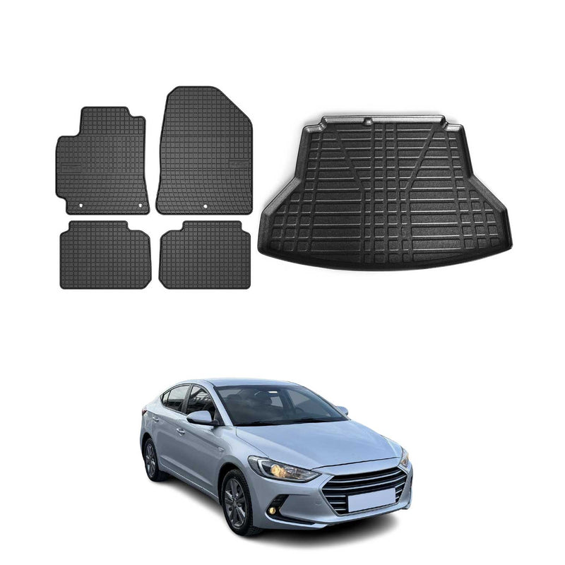 Set di tappetini e vaschetta per bagagliaio per Hyundai Elantra 2015-2025 in gomma nera 5 pezzi